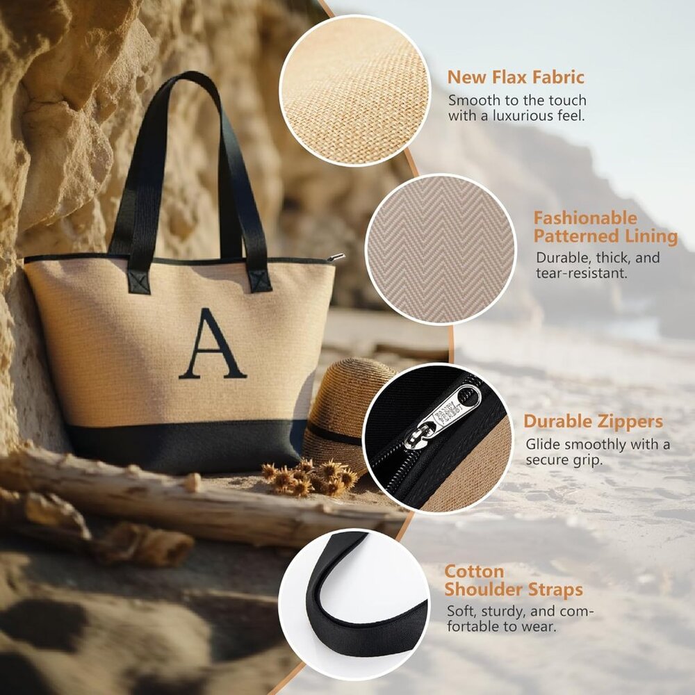 Woven Tote Bag for Women, Lightweigh Monogram Beach Bag with Zipper & Sand-Proof - Picture 9 of 10